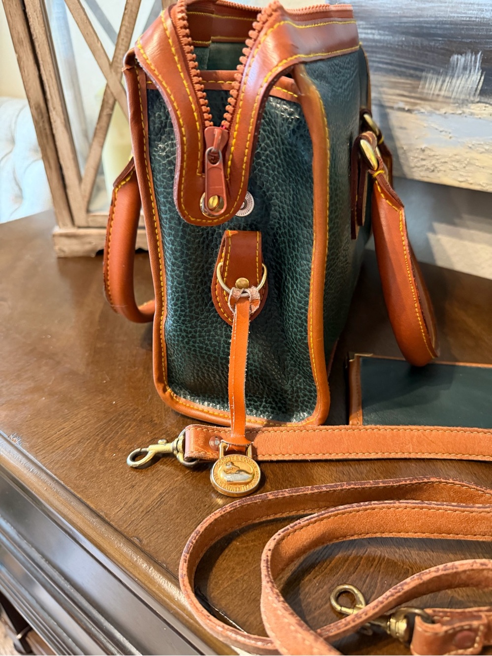 Dooney & Bourke Dark Green Pebbled Leather Satchel with Tan Trim and Strap - Picture 2 of 12